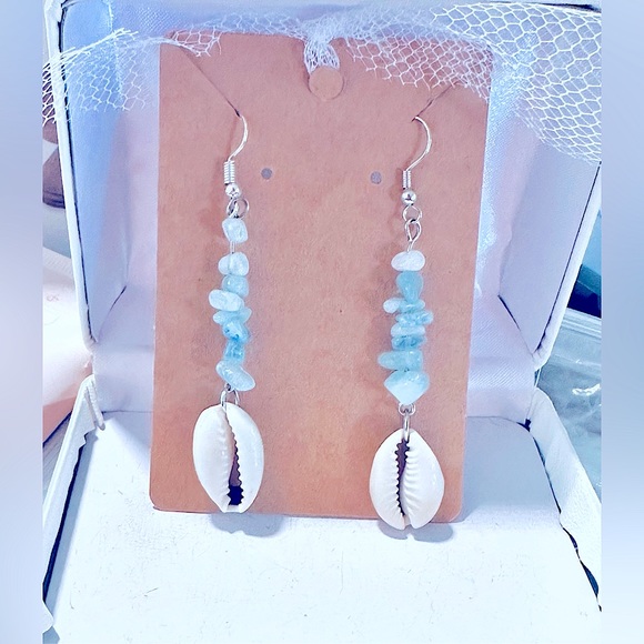 Pretty Baby Blue Natural Crystal Earrings+Sea Shells Dangle Earrings Silver - Picture 1 of 16